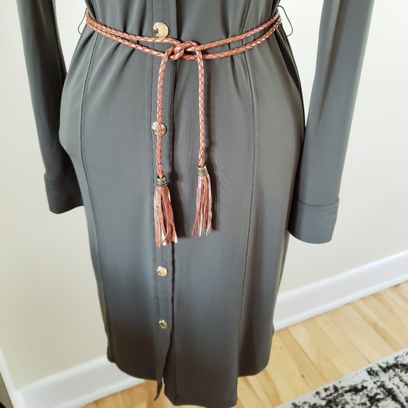 Michael Kors Long Sleeve Button Down Dress - Olive Green- XS - Picture 7 of 12